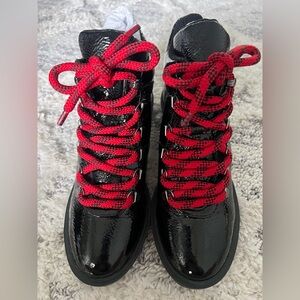 NIB black patent moto combat boots with red laces size 5